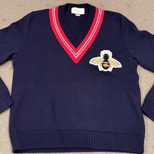 Gucci Men’s Navy V-Neck Sweater with Red Trim and Bee Patch